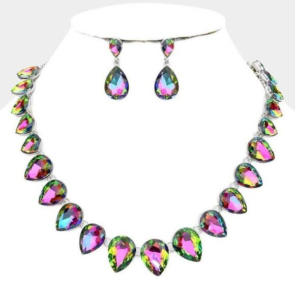 Teardrop Oil Spill Crystal Silver Evening Necklace Set - Picture 1 of 6